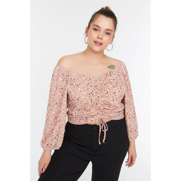 Trendyol Trendyol Curve Pink Floral Patterned Ruffle Detailed Knitted Blouse