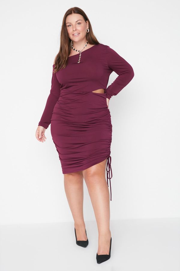 Trendyol Trendyol Curve Plum Asymmetrical Collar Cut Out Detailed Pleated Knitted Dress