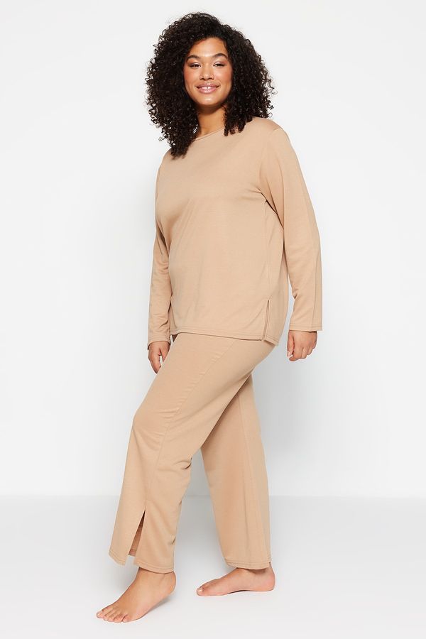 Trendyol Trendyol Curve Plus Size Pajama Set - Beige - Plain