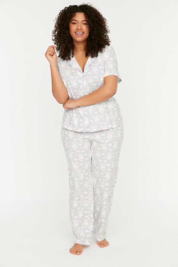 Trendyol Trendyol Curve Plus Size Pajama Set - Gray - With Slogan