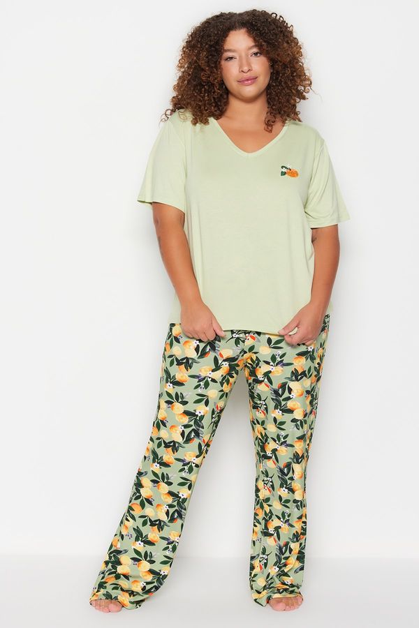 Trendyol Trendyol Curve Plus Size Pajama Set - Green - Plain