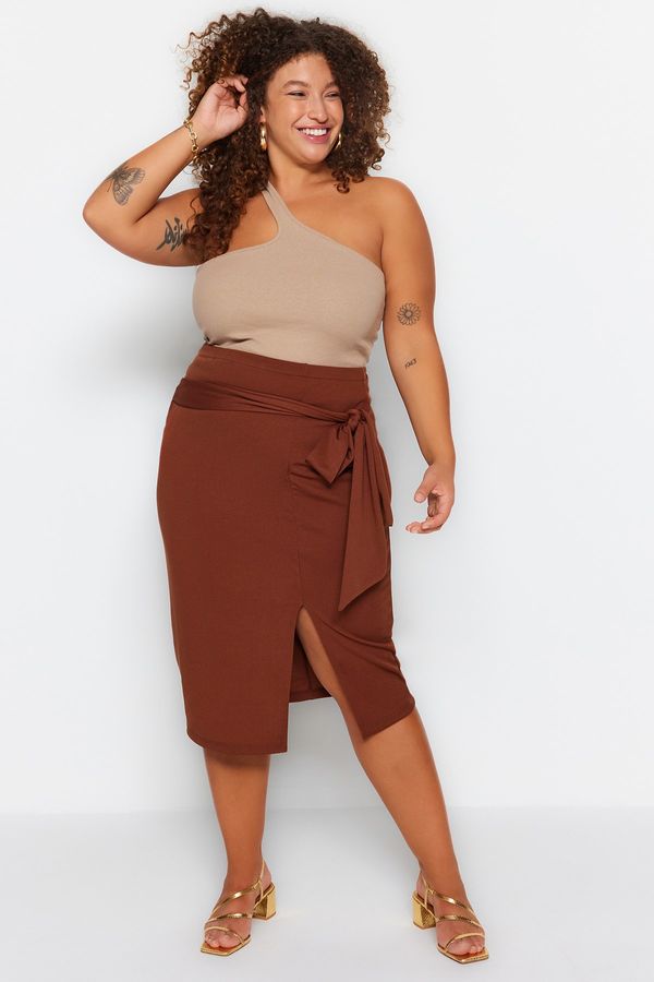 Trendyol Trendyol Curve Plus Size Skirt - Brown - Midi