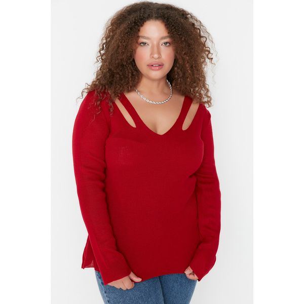 Trendyol Trendyol Curve Red Thin Cut Out Detailed V Neck Knitwear Blouse