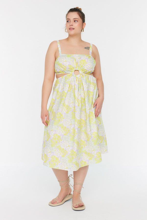 Trendyol Trendyol Curve Yellow Floral Cutout Detailed Strap Woven Dress