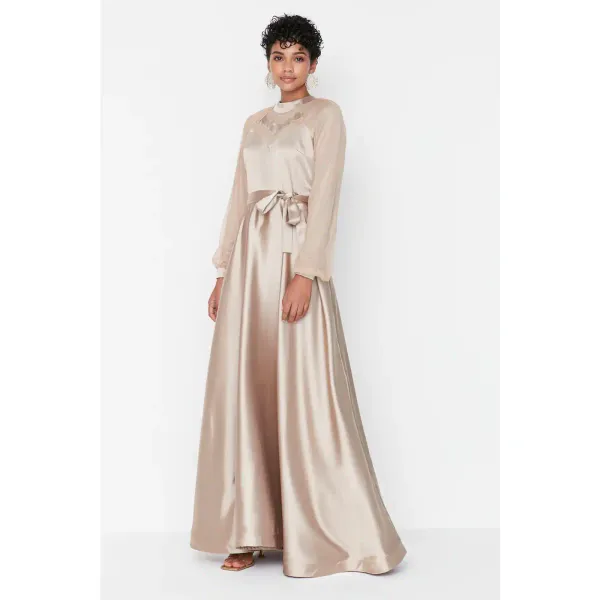 Trendyol Trendyol Dark Beige Collar Tulle and Window Detailed Hijab Evening Dress