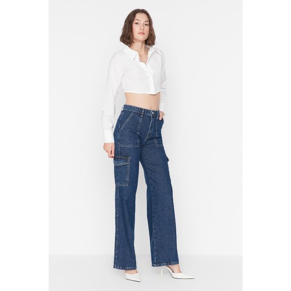 Trendyol Trendyol Dark Blue Pocket Detailed High Waist Wide Leg Jeans