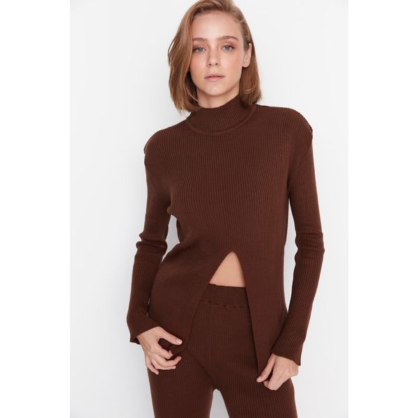 Trendyol Trendyol Dark Brown Half Turtleneck Slit Detailed Knitwear Sweater