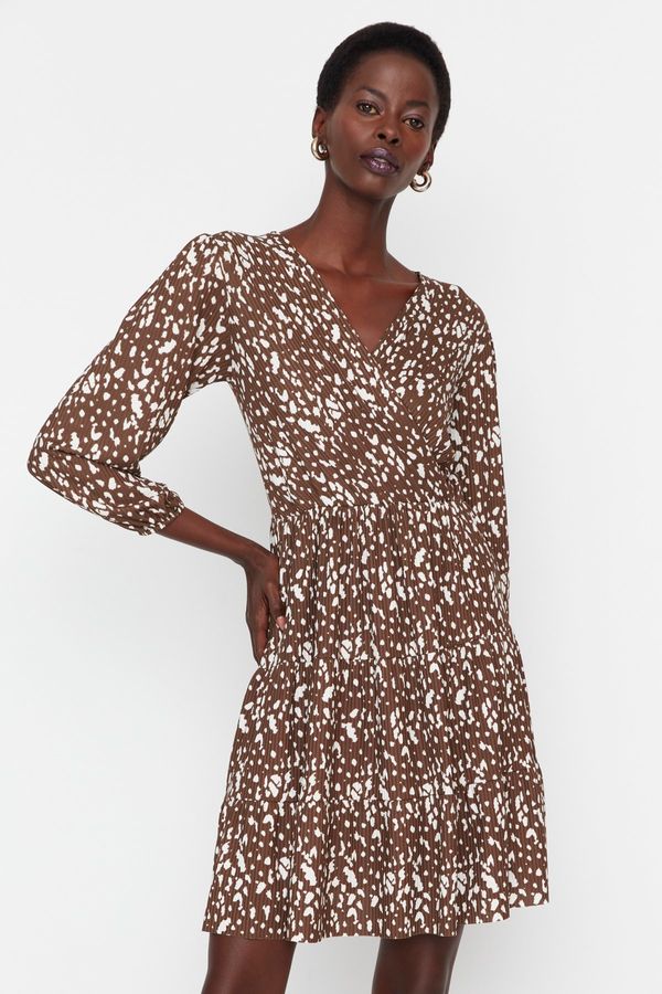 Trendyol Trendyol Dark Brown Leopard Patterned Double Breasted Knitted Dress