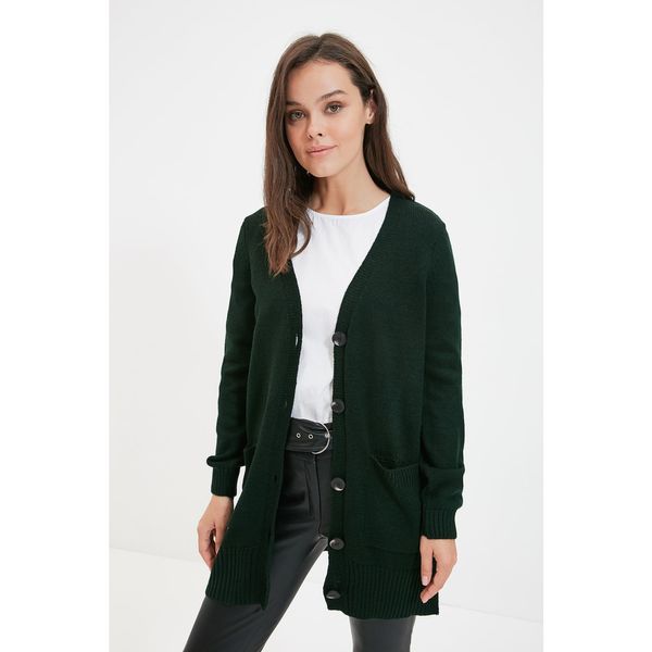 Trendyol Trendyol Dark Green V-Neck Buttoned Pocket Detailed Long Knitwear Cardigan