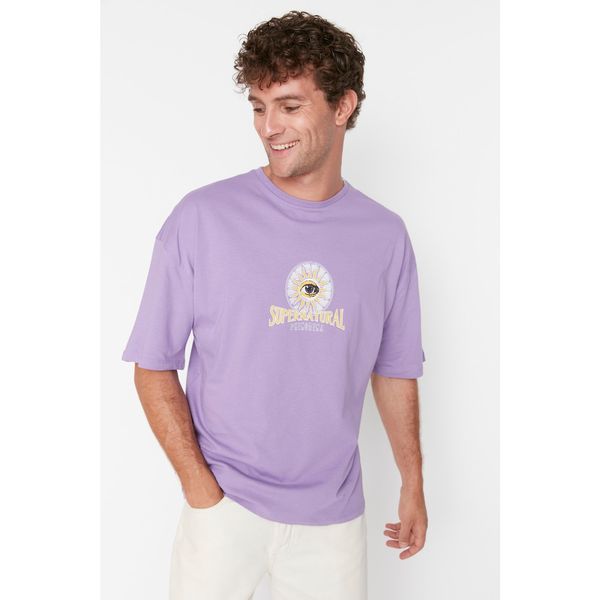 Trendyol Trendyol Dark Lilac Men's Oversize Back Printed Short Sleeved T-Shirt