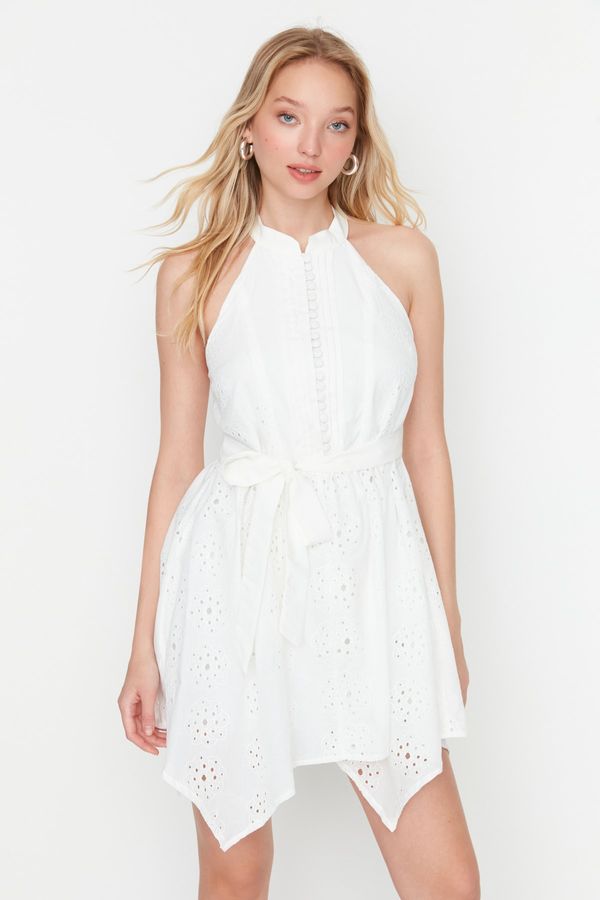 Trendyol Trendyol Design White Belted Stand Collar Dress