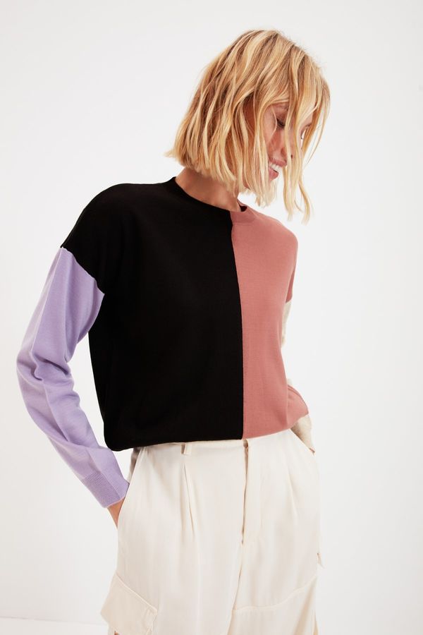 Trendyol Trendyol Dried Rose Color Block Crew Neck Dzianina Sweter