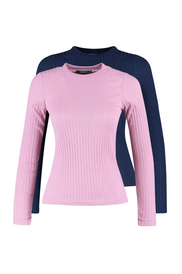 Trendyol Trendyol Dried Rose-Navy Blue 2 Piece Stand Up Collar Corduroy Basic Knitted Blouse