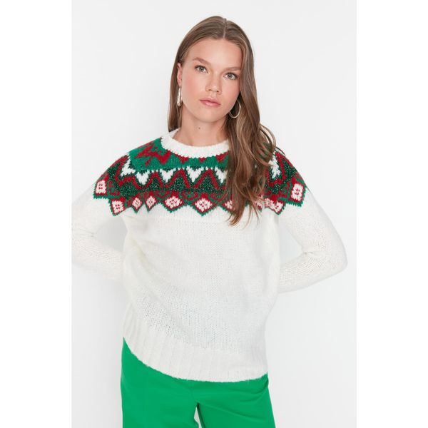 Trendyol Trendyol Ecru Christmas Patterned Oversize Knitwear Sweater