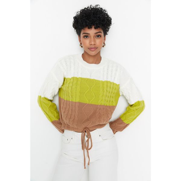 Trendyol Trendyol Ecru Color Block Cord Detailed Crop Knitwear Sweater