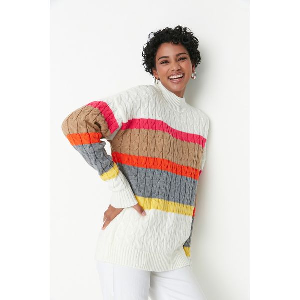 Trendyol Trendyol Ecru Color Block Oversize Knitwear Sweater