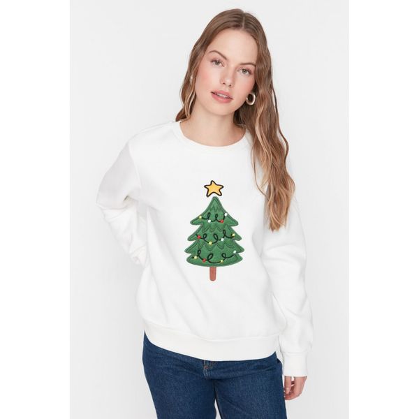 Trendyol Trendyol Ecru Embroidered Basic Thick Fleece Knitted Family Combination Sweatshirt