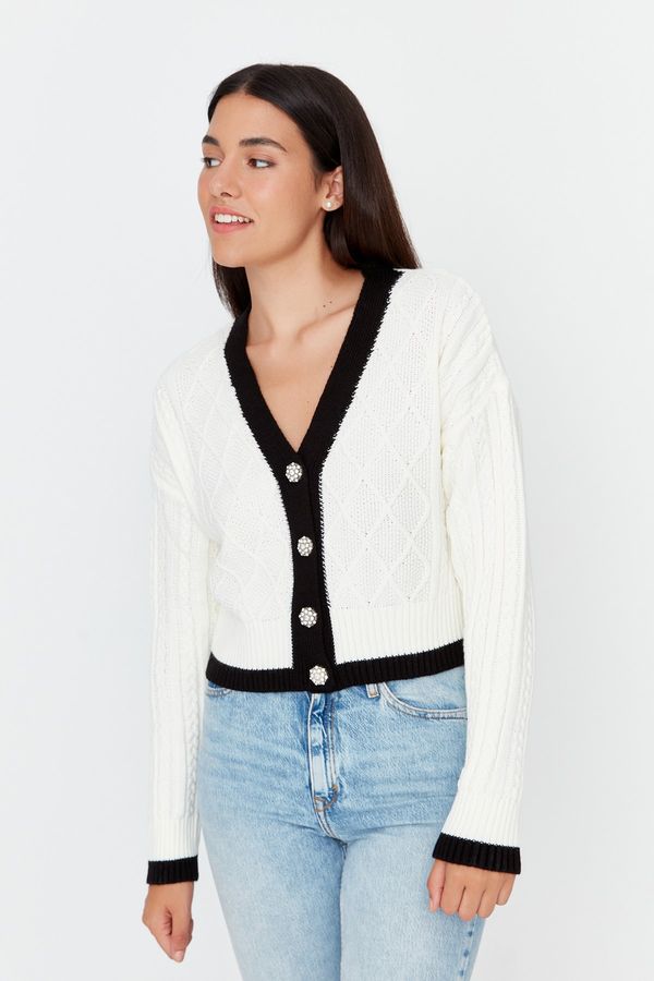 Trendyol Trendyol Ecru Jewel Button Detailed Knitwear Cardigan