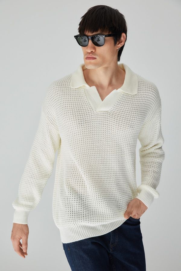Trendyol Trendyol Ecru Men's Oversize Fit Wide-Mould Polo Collar Pop Knitwear Sweater