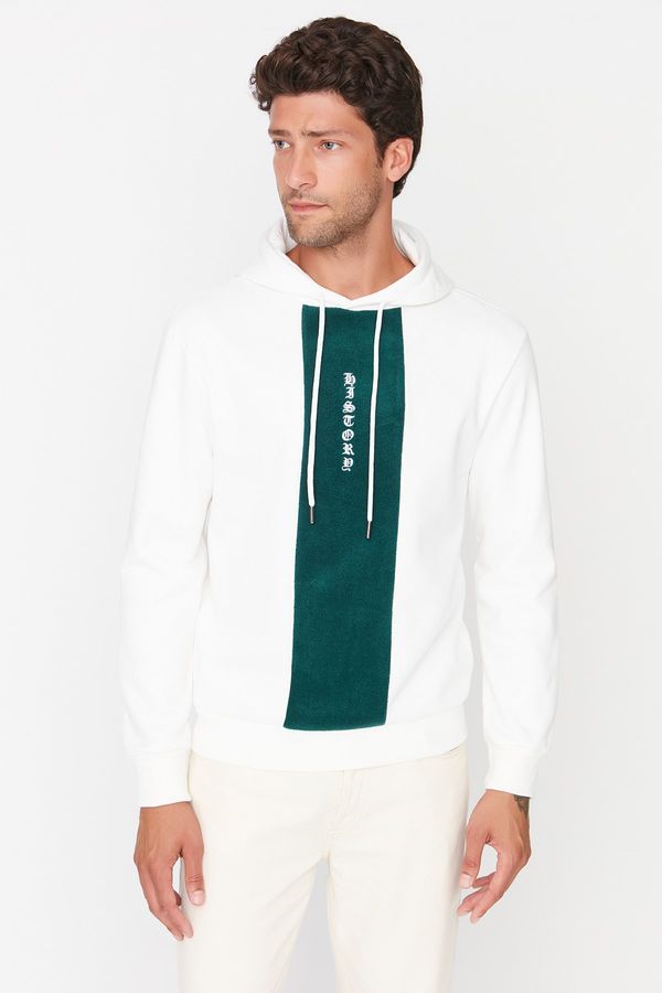 Trendyol Trendyol Ecru Men's Regular Fit Hooded Long Sleeve Paneled Embroidered Sweatshirt