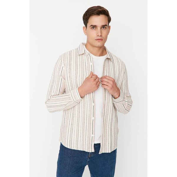 Trendyol Trendyol Ecru Men's Regular Fit Striped Pocketless Shirt