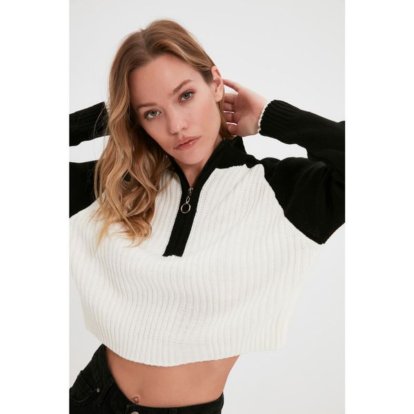 Trendyol Trendyol Ecru Ribbed Zipper Detailed Crop Knitwear Sweater