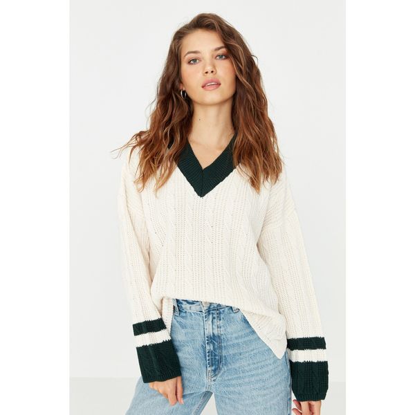 Trendyol Trendyol Ecru V-Neck Knit Detailed Oversize Knitwear Sweater