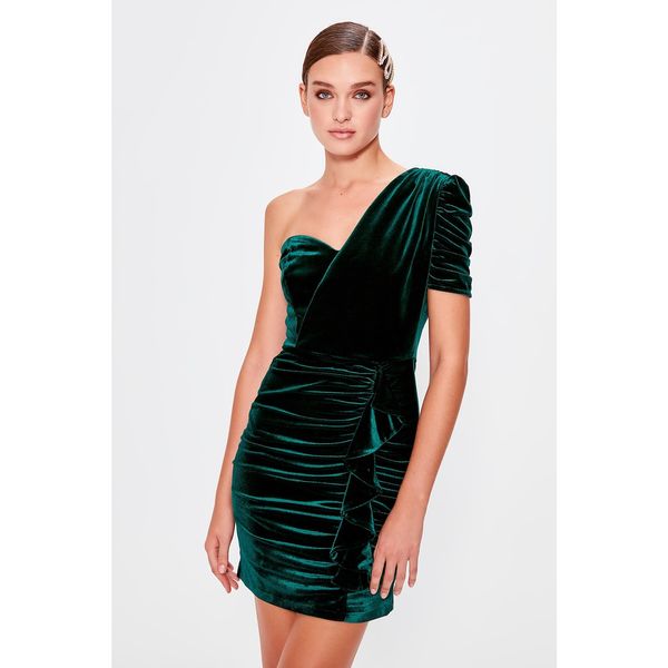 Trendyol Trendyol Emerald Green Draped Detailed Single Sleeve Velvet Dress