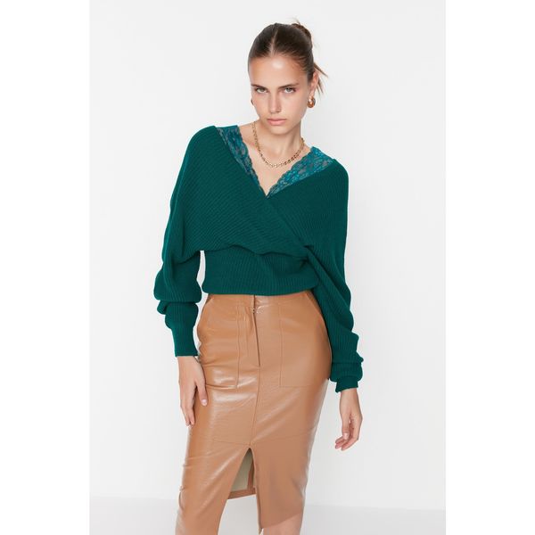 Trendyol Trendyol Emerald Green Lace Detail Double Breasted Collar Knitwear Sweater