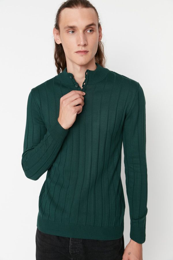 Trendyol Trendyol Emerald Green Men's Fitted Slim Fit Buttoned Pops Half Turtleneck Basic Knitwear Sweater