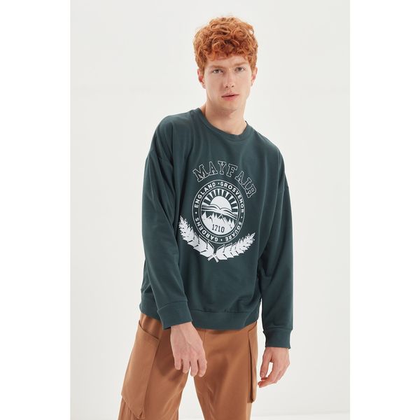 Trendyol Trendyol Emerald Green Men's Oversize Crew Neck Long Sleeve Printed Sweatshirt