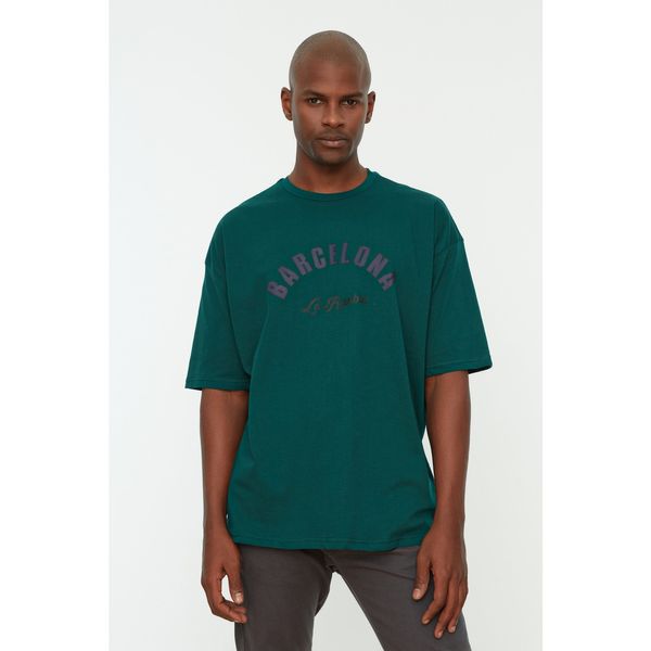 Trendyol Trendyol Emerald Green Men's Oversize Fit 100% Cotton Crew Neck Printed T-Shirt
