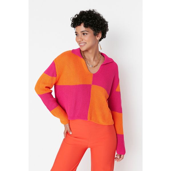 Trendyol Trendyol Fuchsia Crop Color Block Knitwear Sweater
