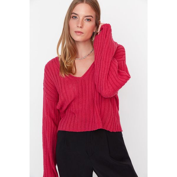 Trendyol Trendyol Fuchsia Crop Wool Corded Oversize Knitwear Sweater