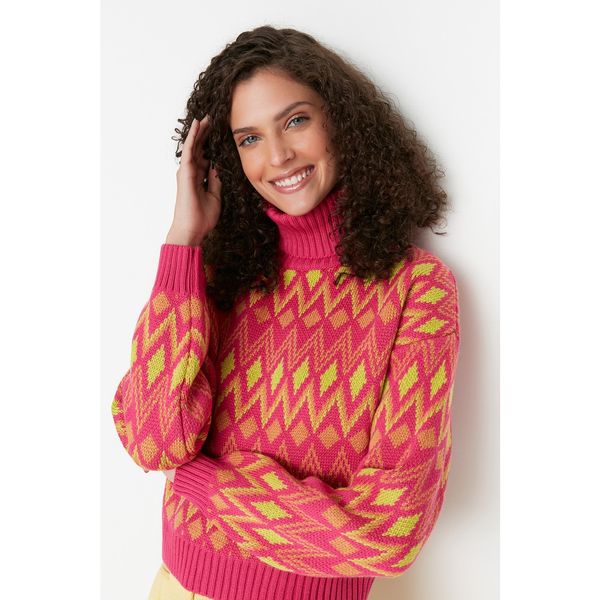 Trendyol Trendyol Fuchsia Geometric Patterned Knitwear Sweater