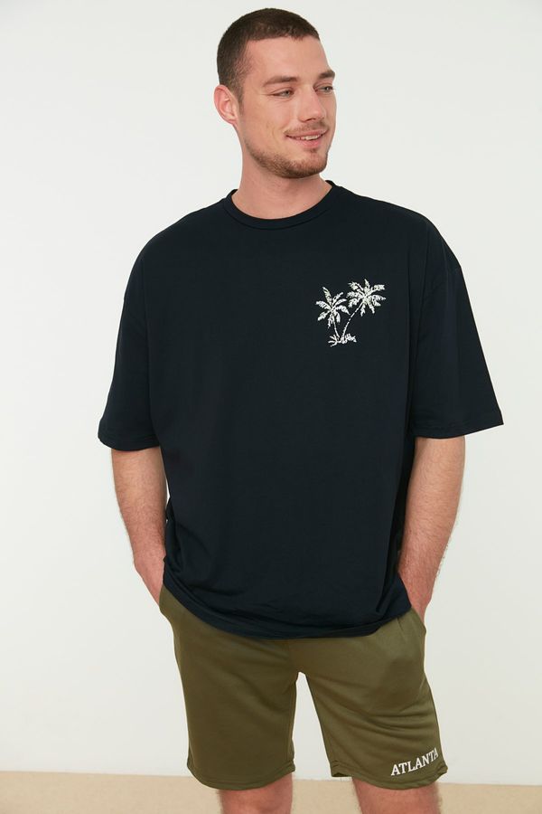 Trendyol Trendyol Granatowy męski T-shirt z krótkim rękawem z nadrukiem Oversize