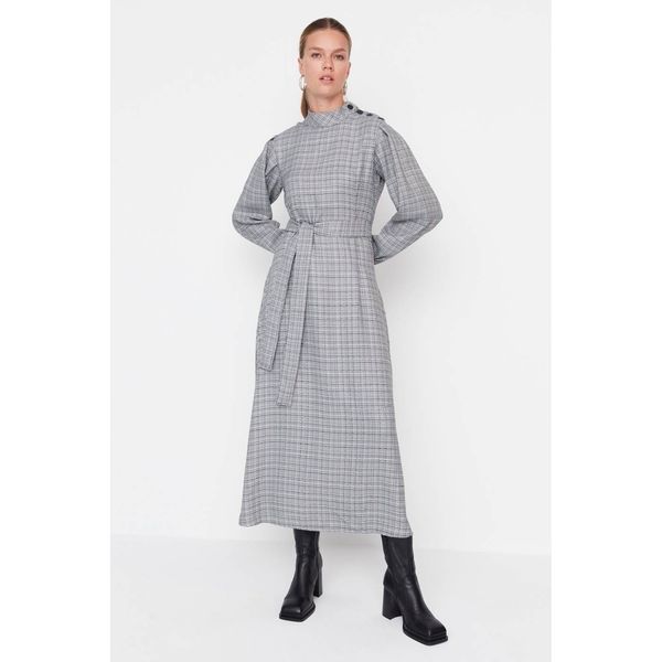 Trendyol Trendyol Gray Belted Button Detailed Woven Dress