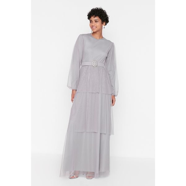 Trendyol Trendyol Gray Belted Crew Neck Elastic Evening Dress