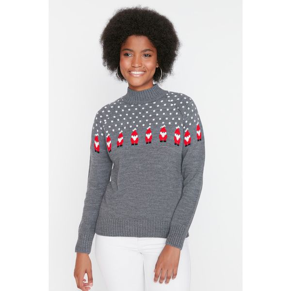 Trendyol Trendyol Gray Christmas Themed Patterned Knitwear Sweater