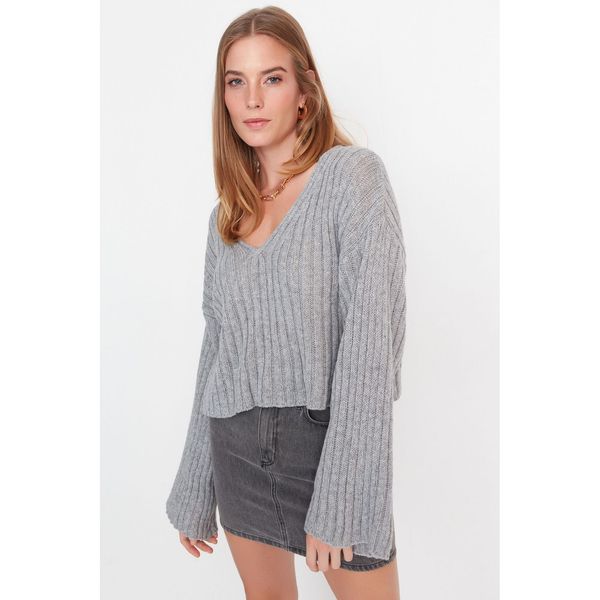 Trendyol Trendyol Gray Crop Wool Corded Knitwear Sweater