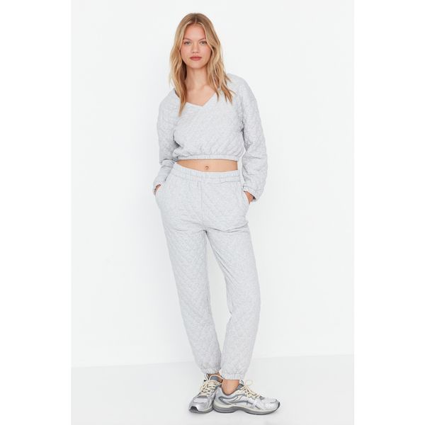 Trendyol Trendyol Gray Double Breasted Quilted Knitted Crop Bottom Top Set