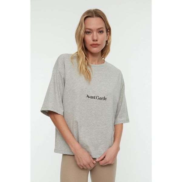 Trendyol Trendyol Gray Embroidered Loose Knitted T-Shirt