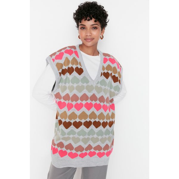 Trendyol Trendyol Gray Heart Patterned V Neck Knitwear Sweater