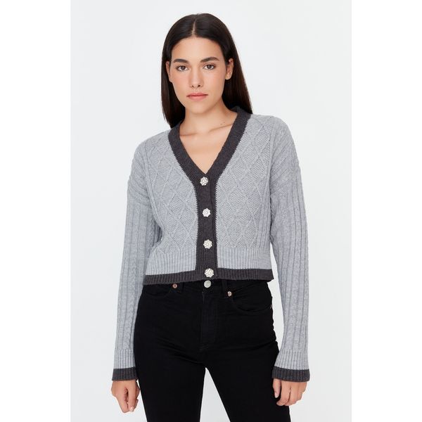 Trendyol Trendyol Gray Jewel Button Detailed Knitwear Cardigan