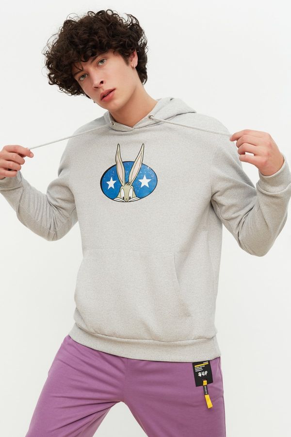 Trendyol Trendyol Gray Licensed Men's Bugs Bunny Printed Regular Fit Hoodie Sweatshirt