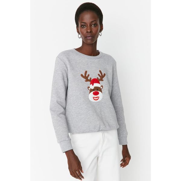 Trendyol Trendyol Gray Melange Embroidered Basic Thick Fleece Knitted Sweatshirt
