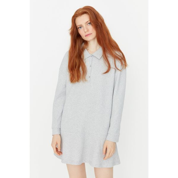 Trendyol Trendyol Gray Melange Shirt Collar Buttoned Waffle Knitted Dress