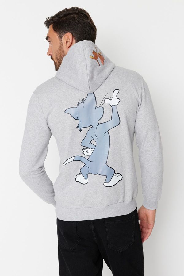 Trendyol Trendyol Gray Men's Licensed Tom&Jerry Printed Regular Fit Hoodie Sweatshirt