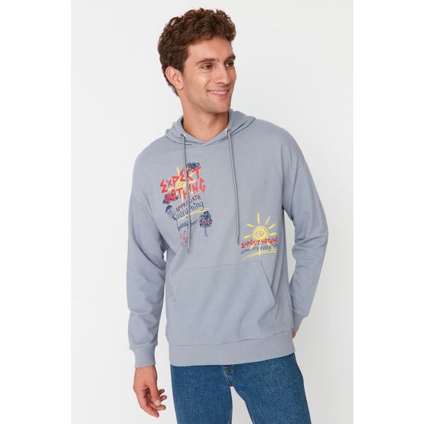 Trendyol Trendyol Gray Men's Oversize Fit Hoodie Printed Sweatshirt