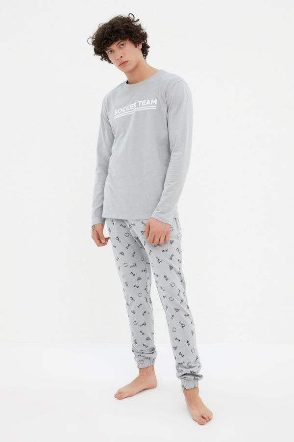 Trendyol Trendyol Gray Men's Regular Fit Slogan Printed Pajamas Set